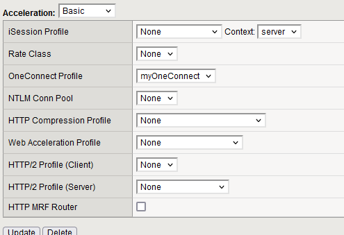 Assign the OneConnect profile to the virtual server