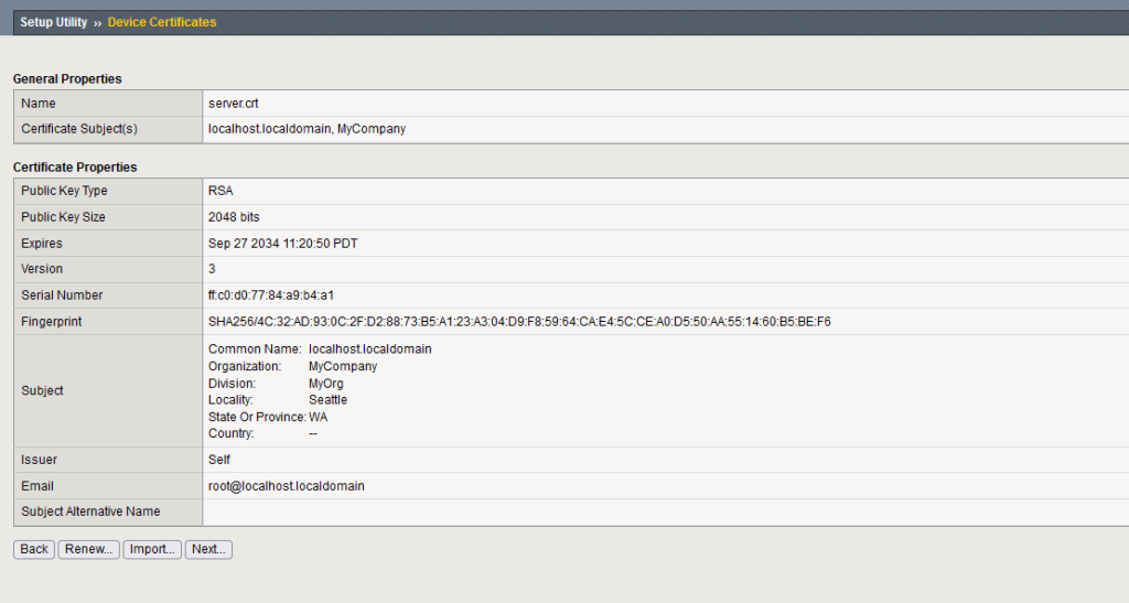 Device certificate configuration screen