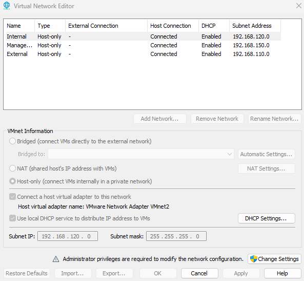 Virtual Network list in VMware Workstation pro