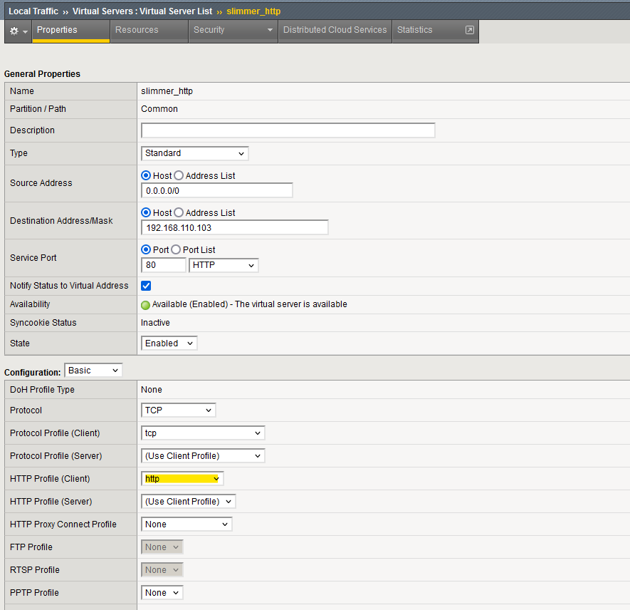 Add the HTTP profile to the virtual server