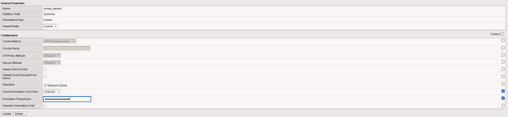 Cookie encryption inside cookie persistence profile