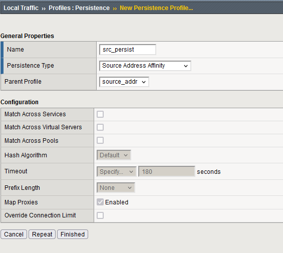 Source IP persistence profile creation