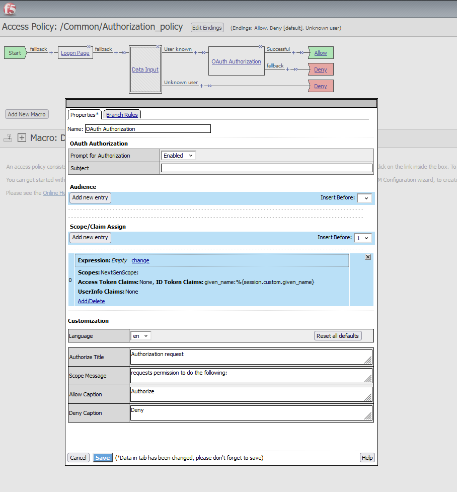 Scope/Claim assign inside OAuth Authorization box in APM Policy