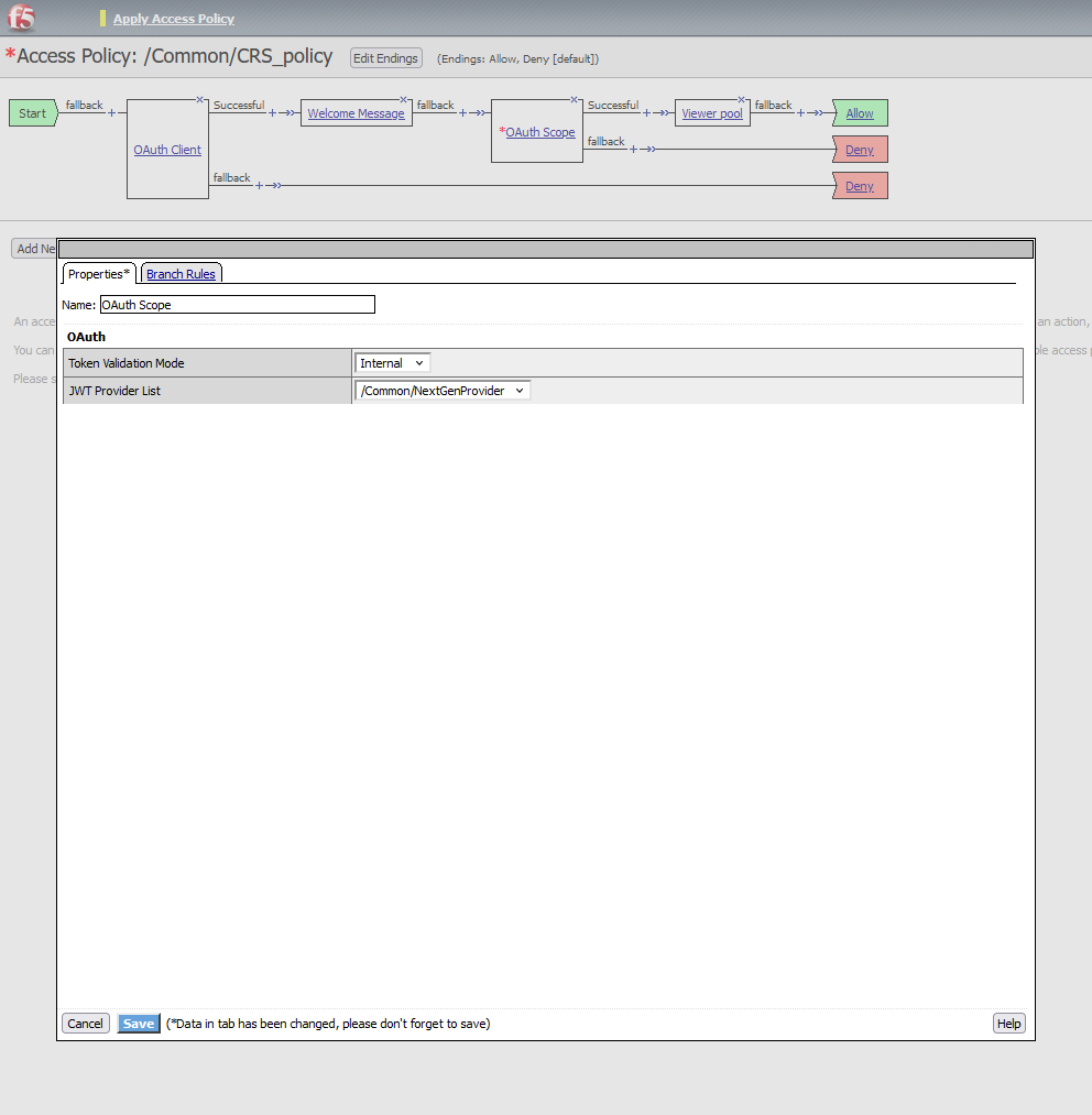 OAuth scope box that server as the resource server inside APM Policy