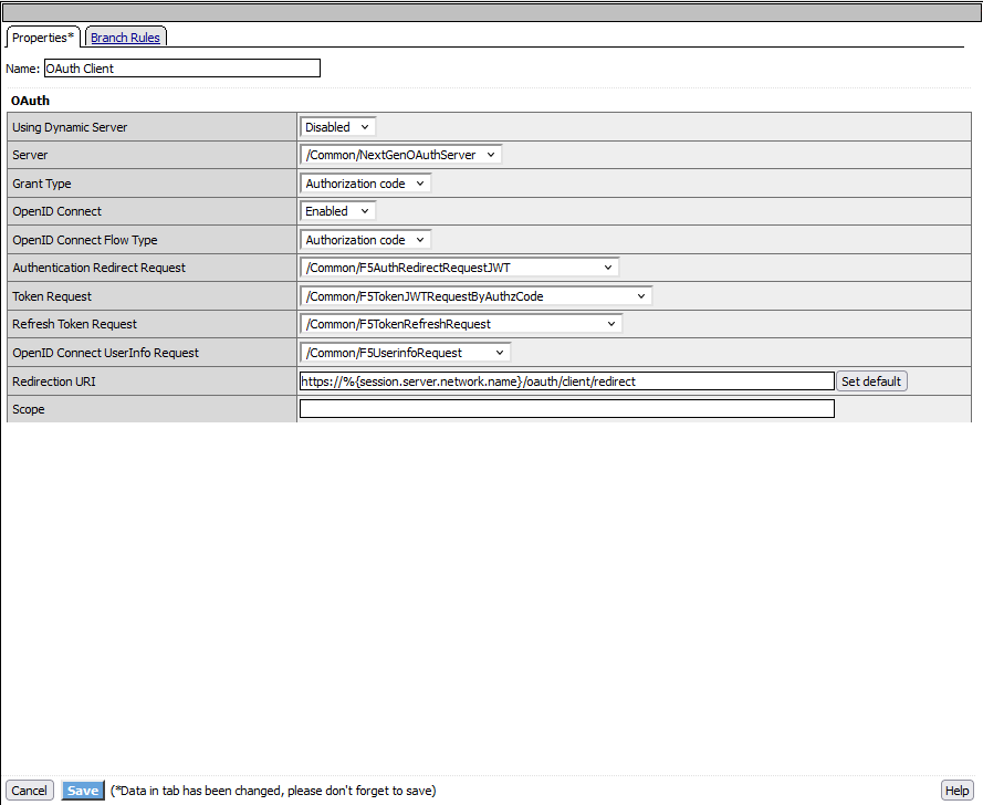 OAuth client box configuration inside F5 APM Polivy