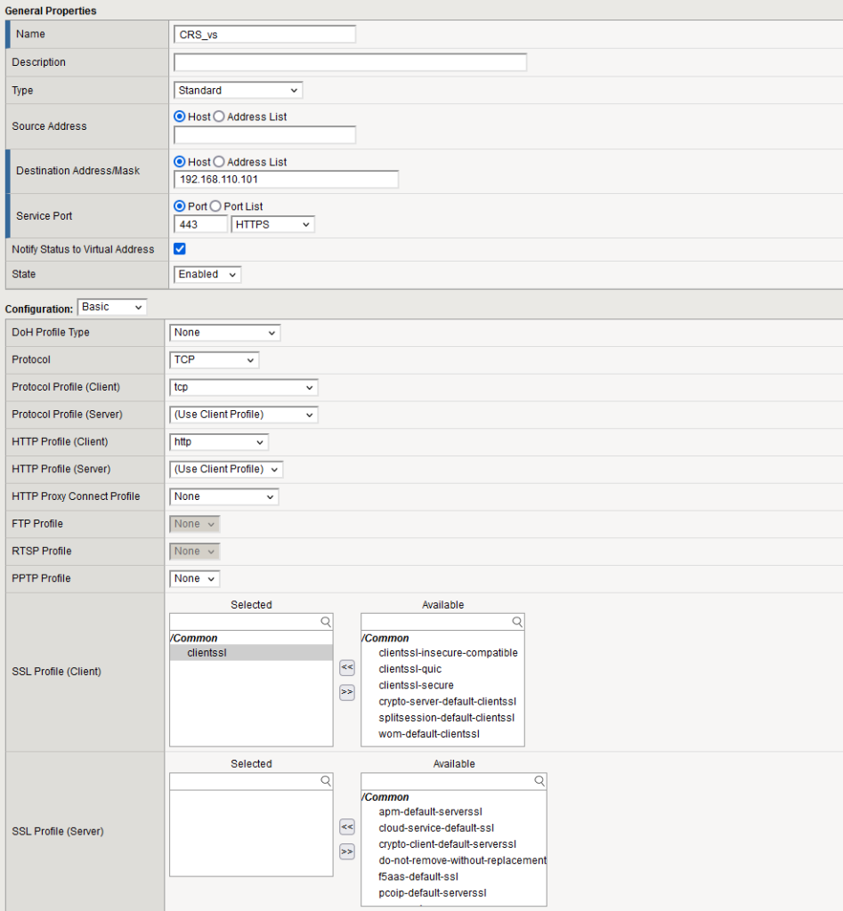 Creation of the client virtual server